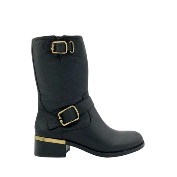 Vince Camuto Shoes - Vince Camuto VC-Wantilla Black Leather Moto Boots Gold Hardware Size 10